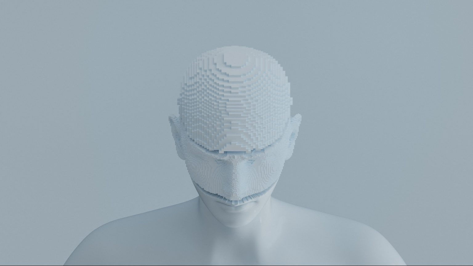 A digital art image of a human made of small white blocks.