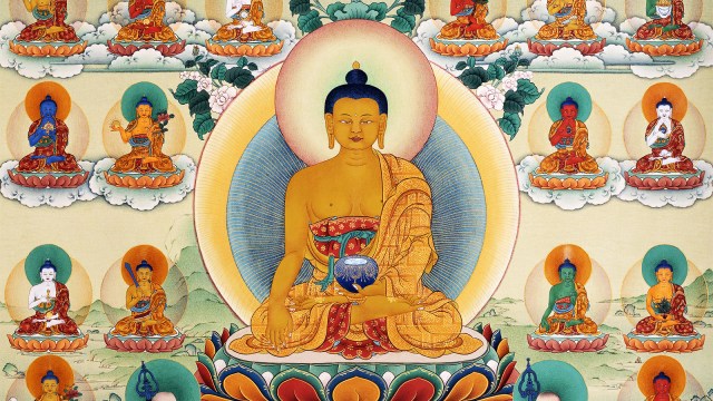 a painting of a buddha surrounded by other buddhas.