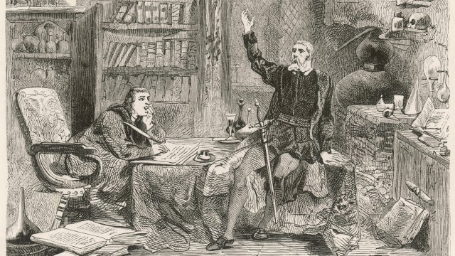 a black and white drawing of two men in a library.