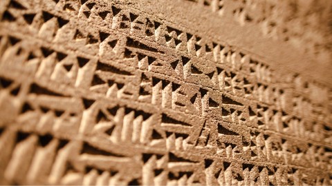Cuneiform writing on a stone wall.