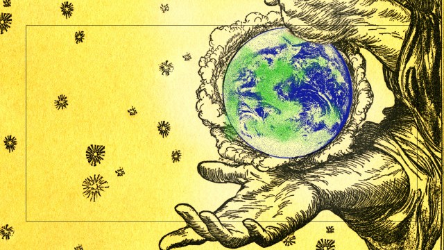 an illustration of a hand holding a globe.