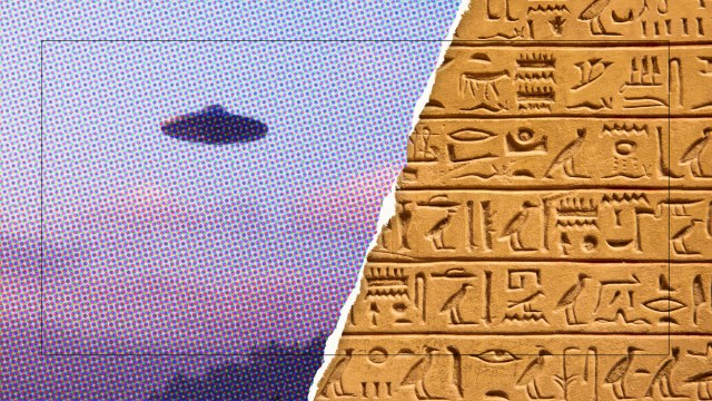an image of an alien flying over a pyramid.