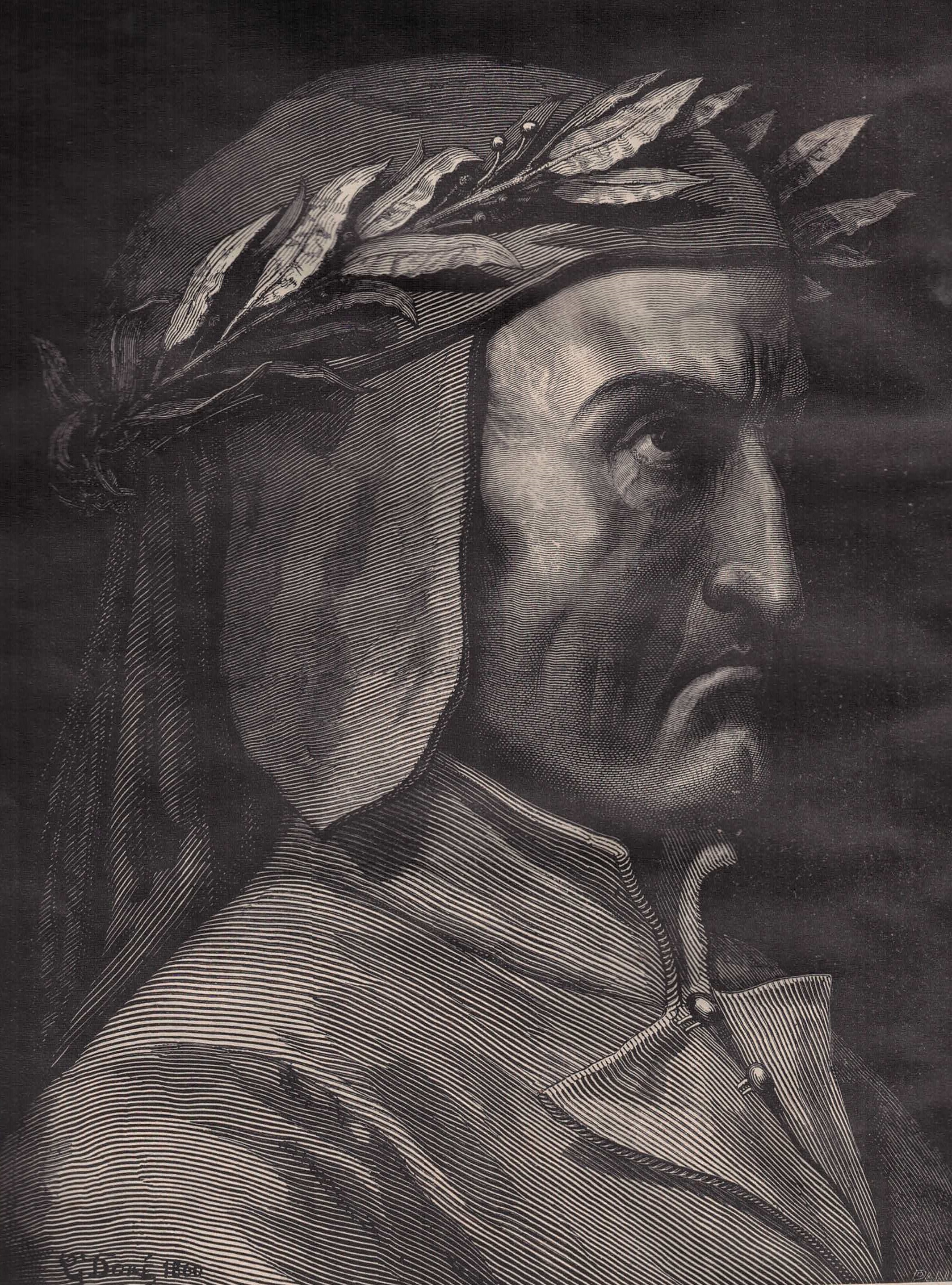 A black and white drawing of the Italian poet Dante Alighieri in profile.