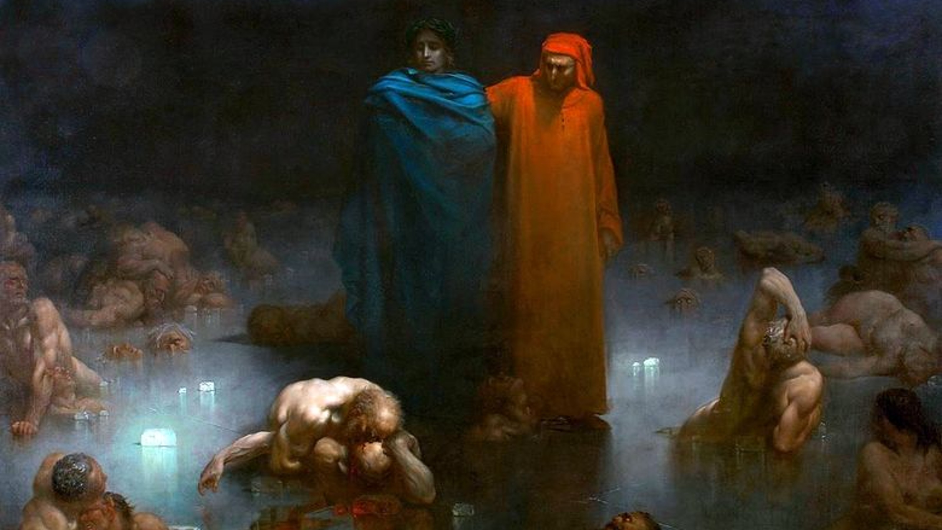 Dante and Virgil on the frozen lake at the bottom of hell.