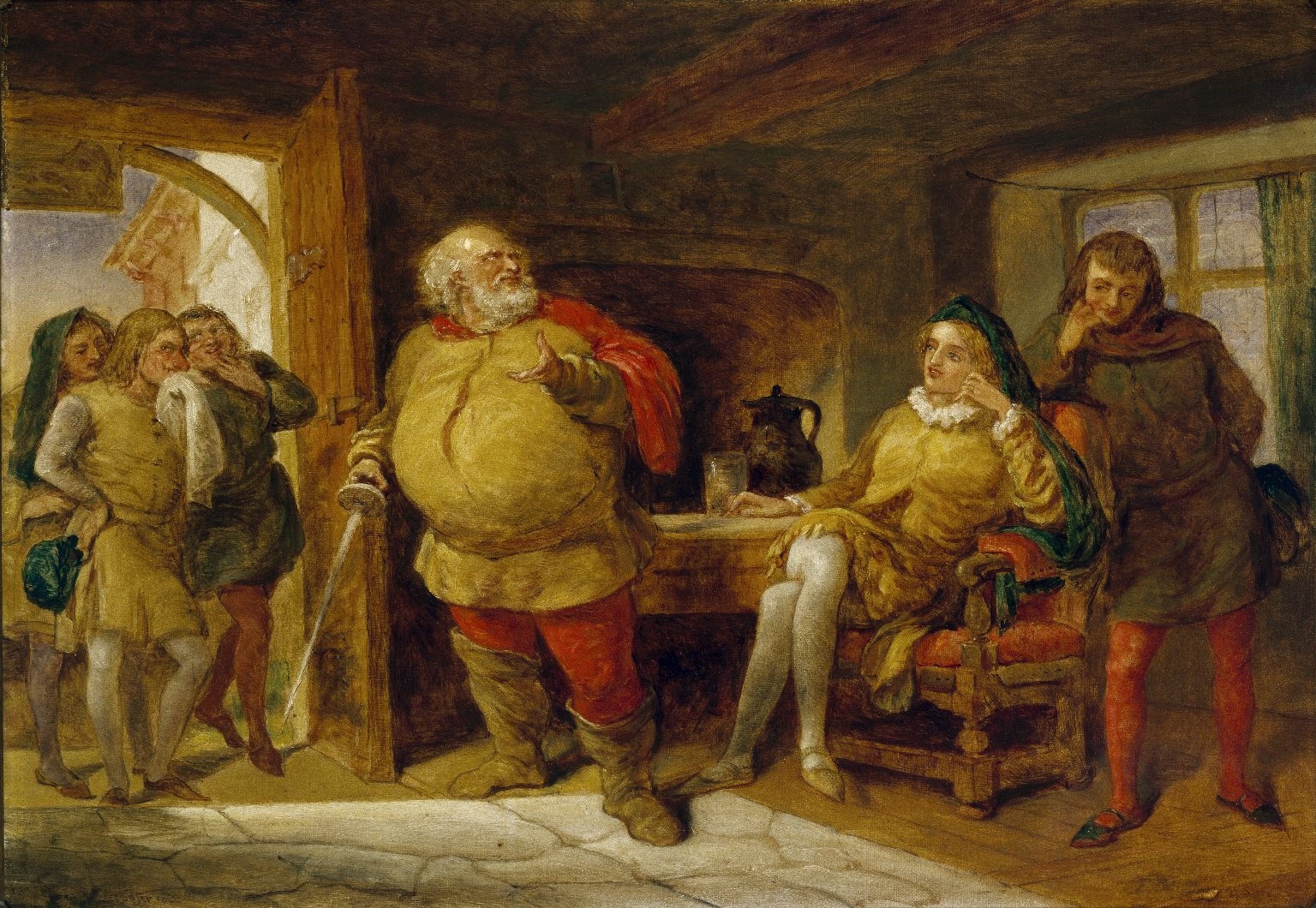 A painting of Santa Claus conversing with Tolkien enthusiasts in a room.