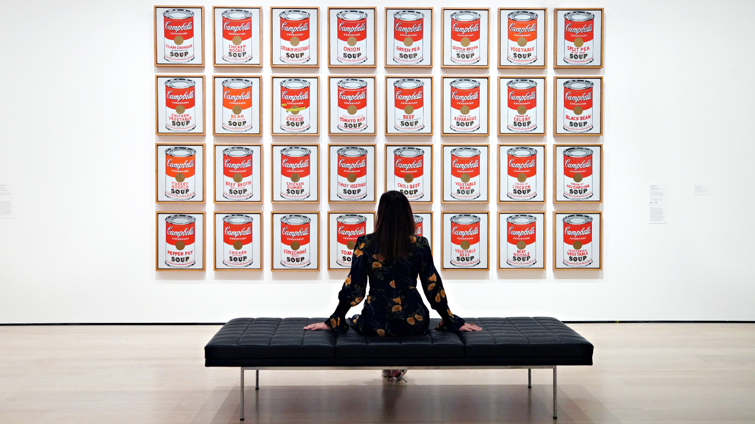 A woman sitting on a bench in front Andy Warhol's Campbell's Soup Cans.