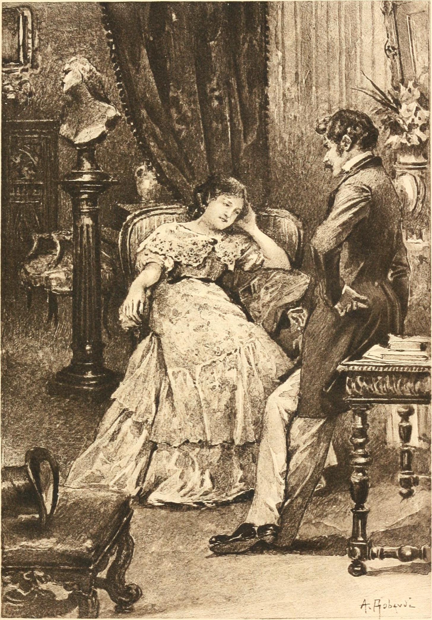 a drawing of a man and a woman sitting in a chair.