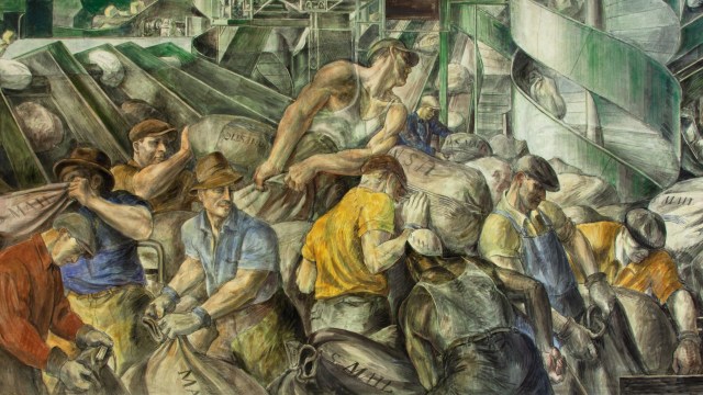 a painting of a group of people in a factory.