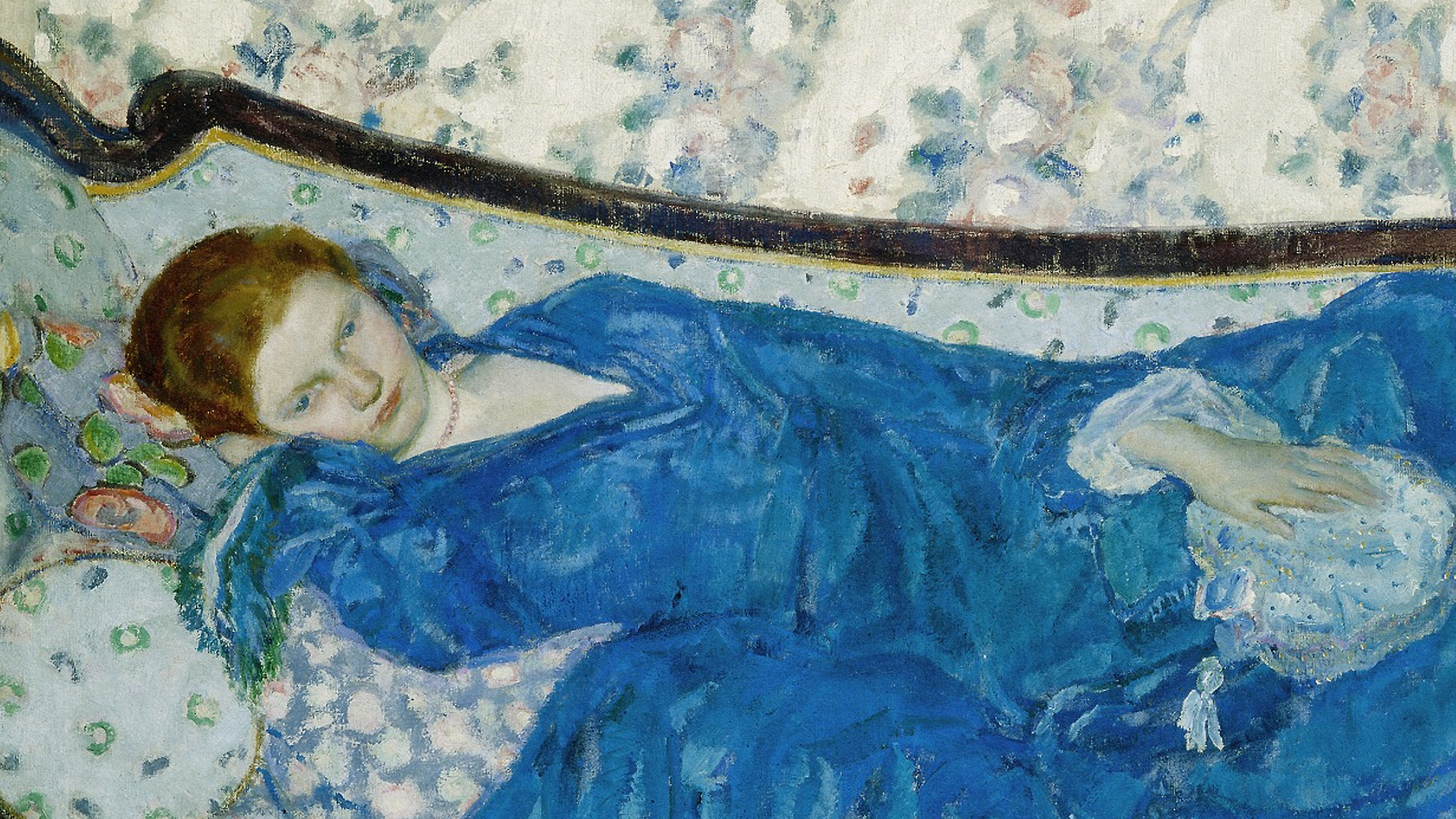 a painting of a woman laying on a couch.