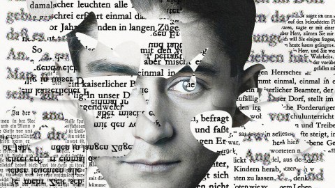 a collage of a man's face with words all over it.