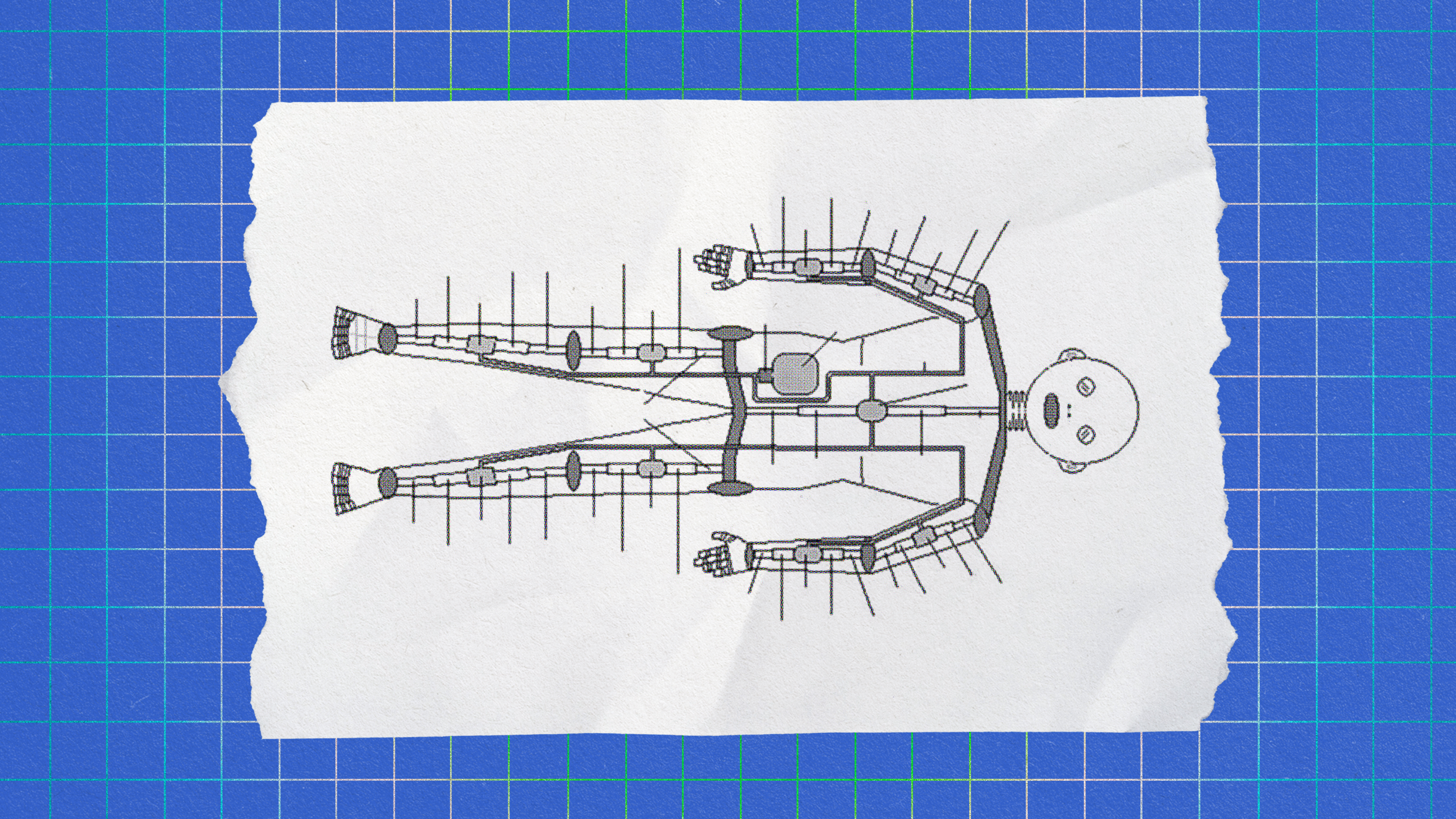 A golden age robotics-inspired drawing of a human body on paper.