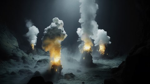 a group of people standing in a cave with smoke coming out of it.