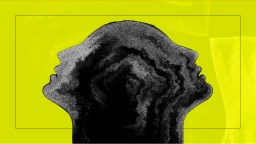 a black and yellow image of a woman's head with a yellow background.