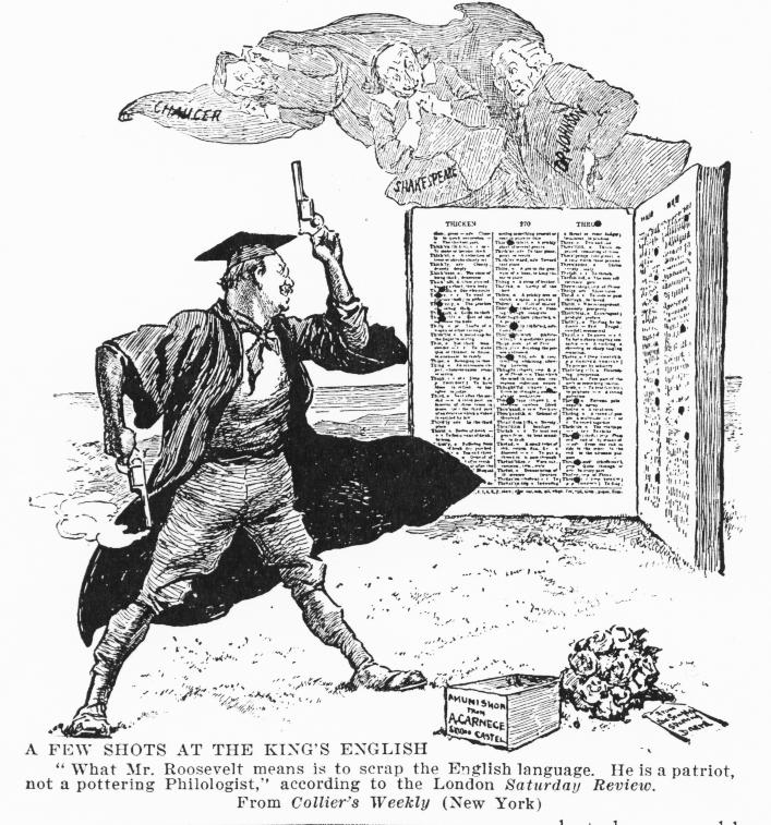 A cartoon of Theodore Roosevelt shooting at a dictionary.