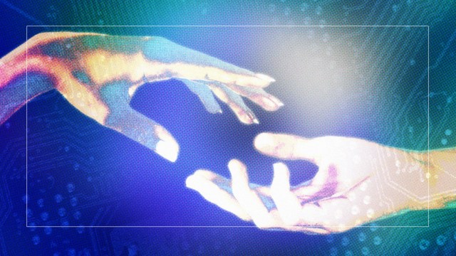 two hands reaching out to each other in front of a colorful background.