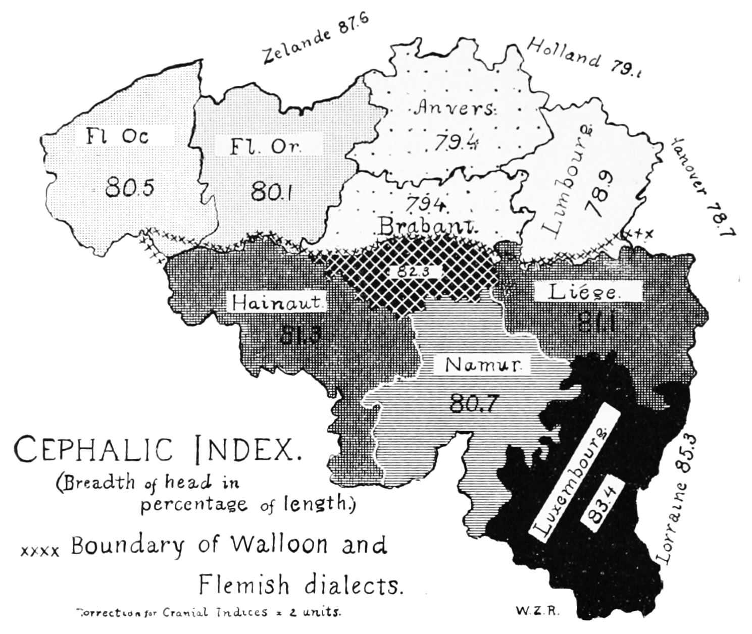 Cephalic index map of belgium.