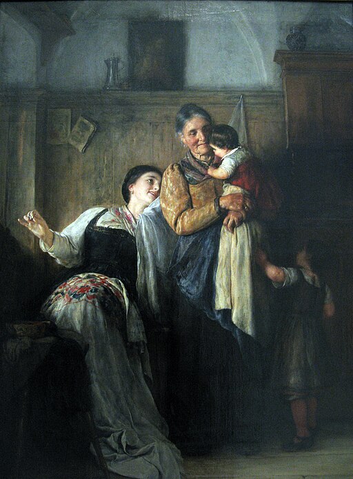 A painting of two women and a child in a room.