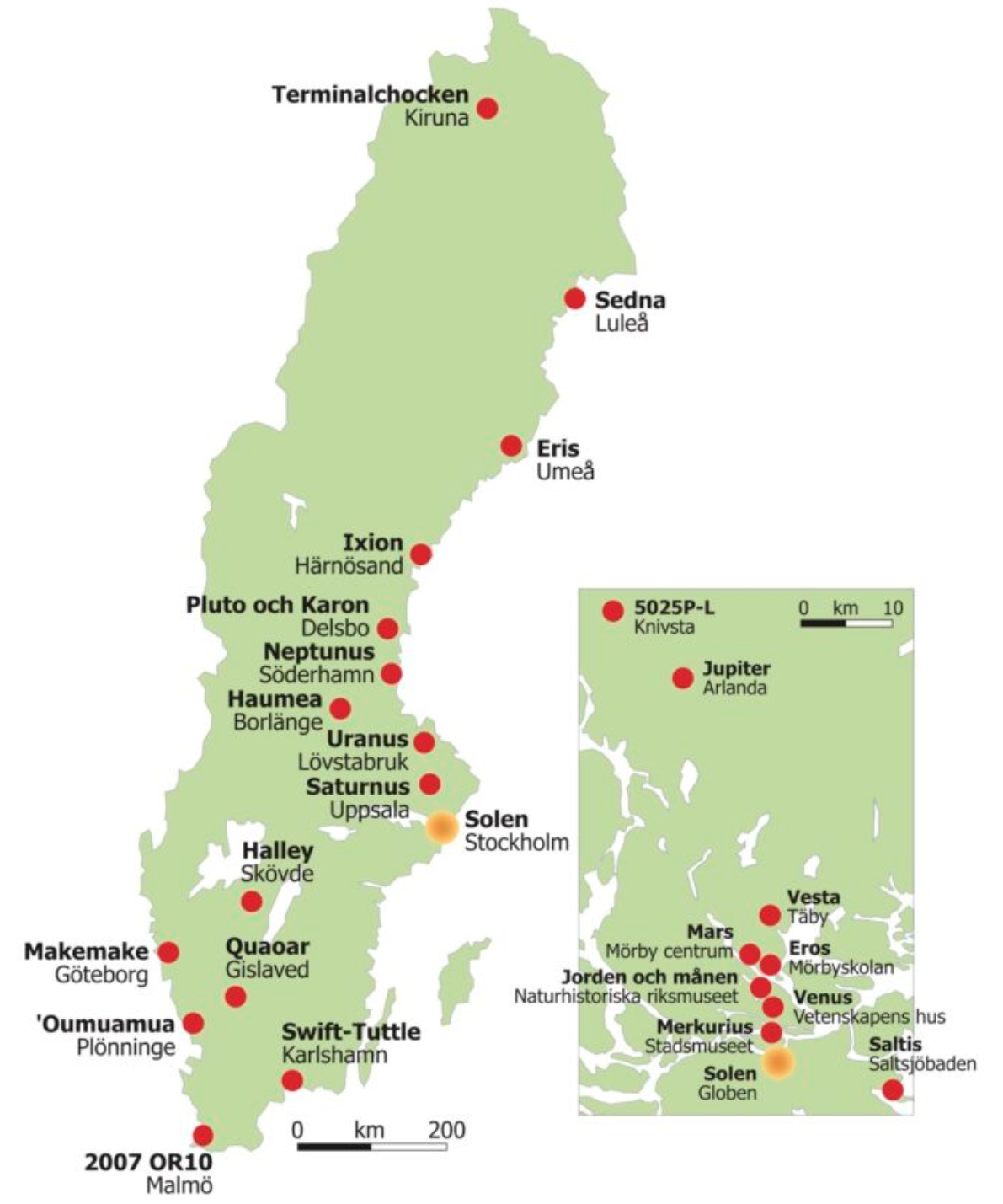 a map of sweden with red dots on it.