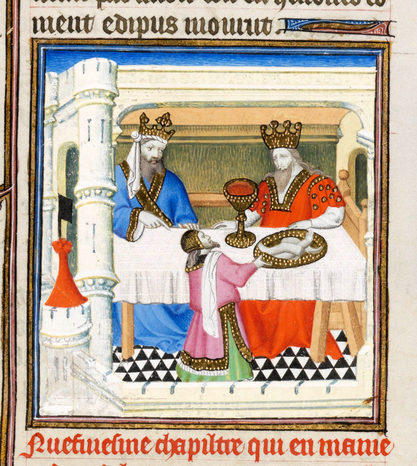 A darkly humorous medieval manuscript depicting a king and queen engaging in an unconventional meal.