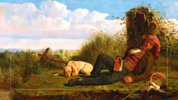 A painting of a person relaxing in the grass, with their dog by their side.