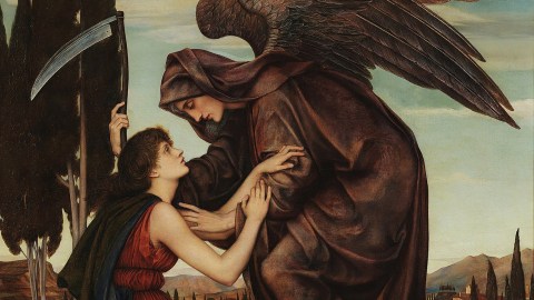 a painting depicting an angel and a woman showing fear while holding a scythe.