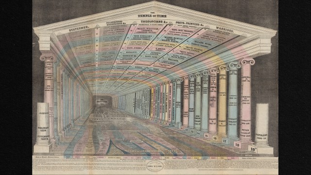 A drawing using the loci method depicting a tunnel with variably colored pillars.