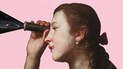 A woman utilizing her intuition examines the universe through a telescope against a pink backdrop.