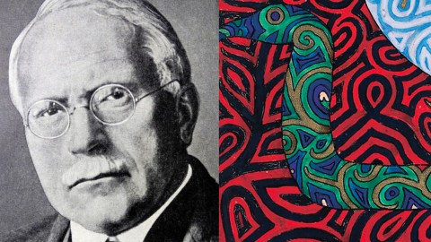 A portrayal of a bespectacled man with a serpent inspired by Carl Jung's theories.