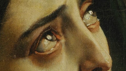 A close up of a woman's eyes in a painting depicting societal distress.
