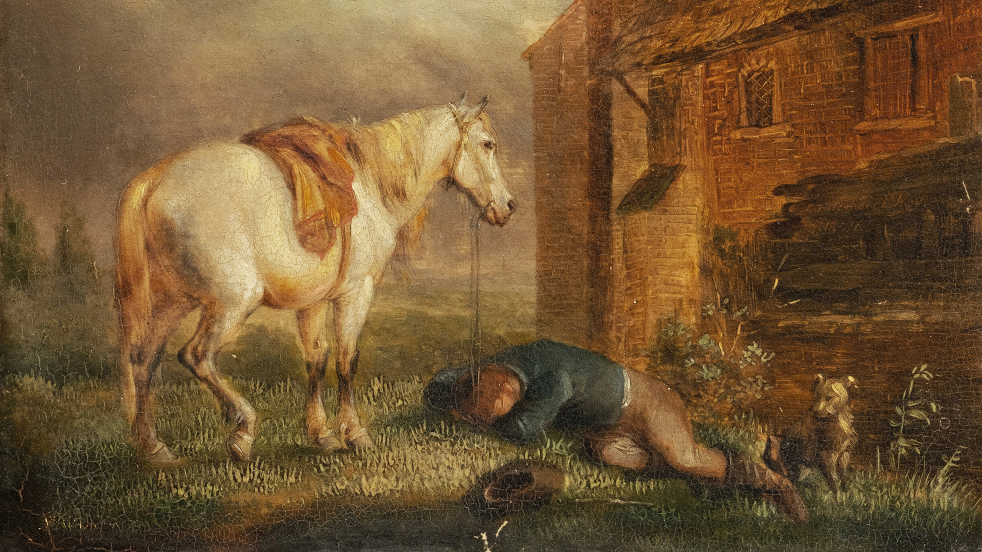 A man napping next to a horse in a painting.