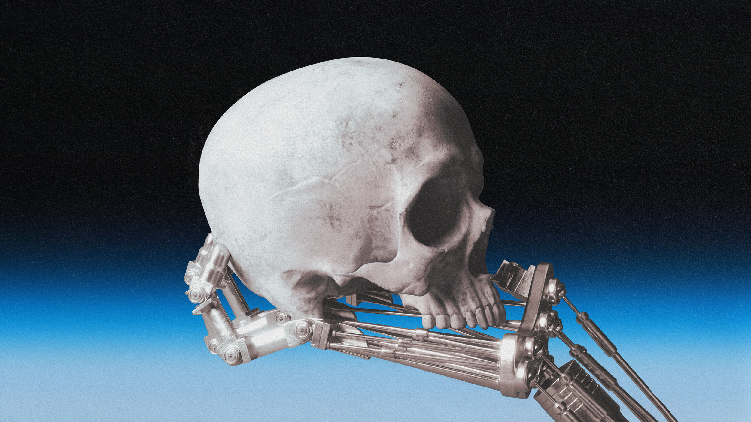 An image of a skull with an AI robot attached to it, symbolizing the threat of human extinction.