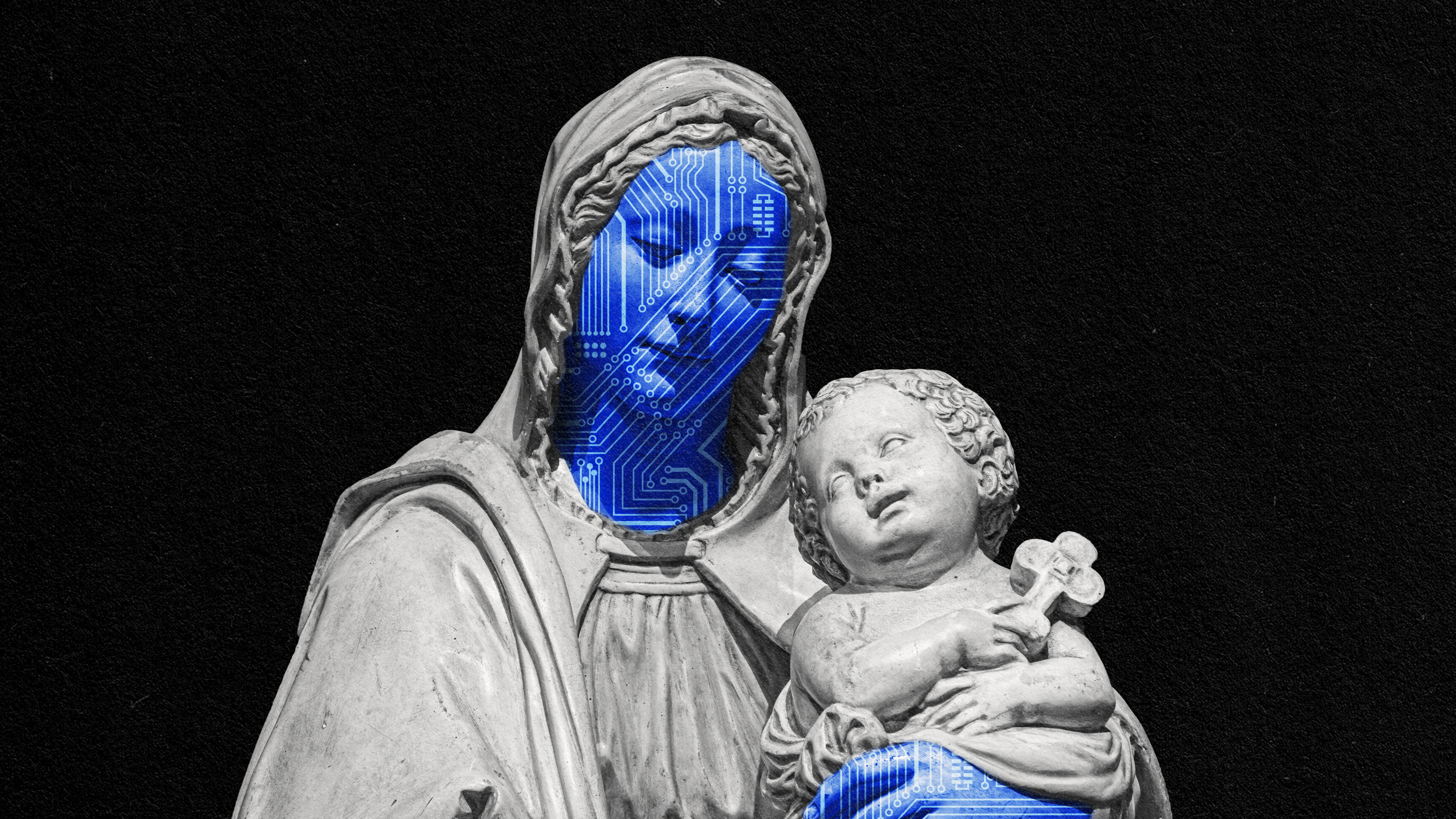 A declining religious statue of Mary holding a blue baby.