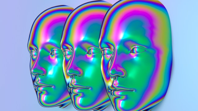 Three colorful holographic masks on a blue background.