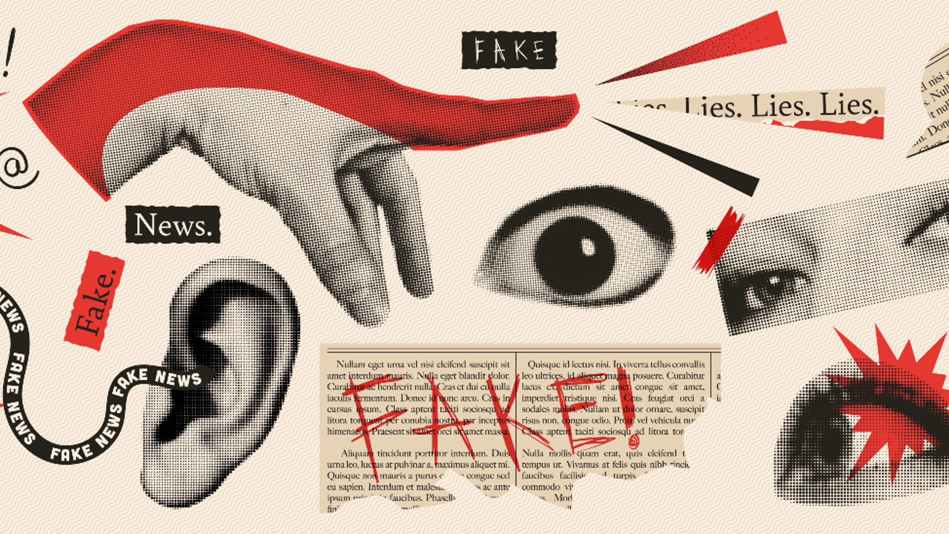 A collage highlighting disinformation with a fake ear.