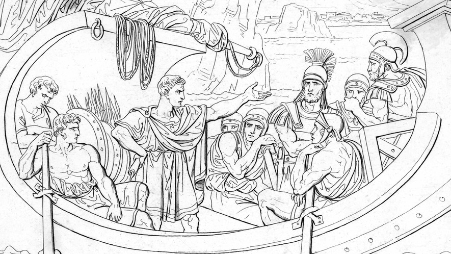 A black and white drawing of a boat with men, inspired by Julius Caesar.