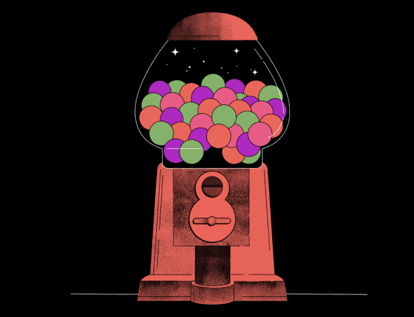 An illustration of a gumball machine filled with colorful balls.