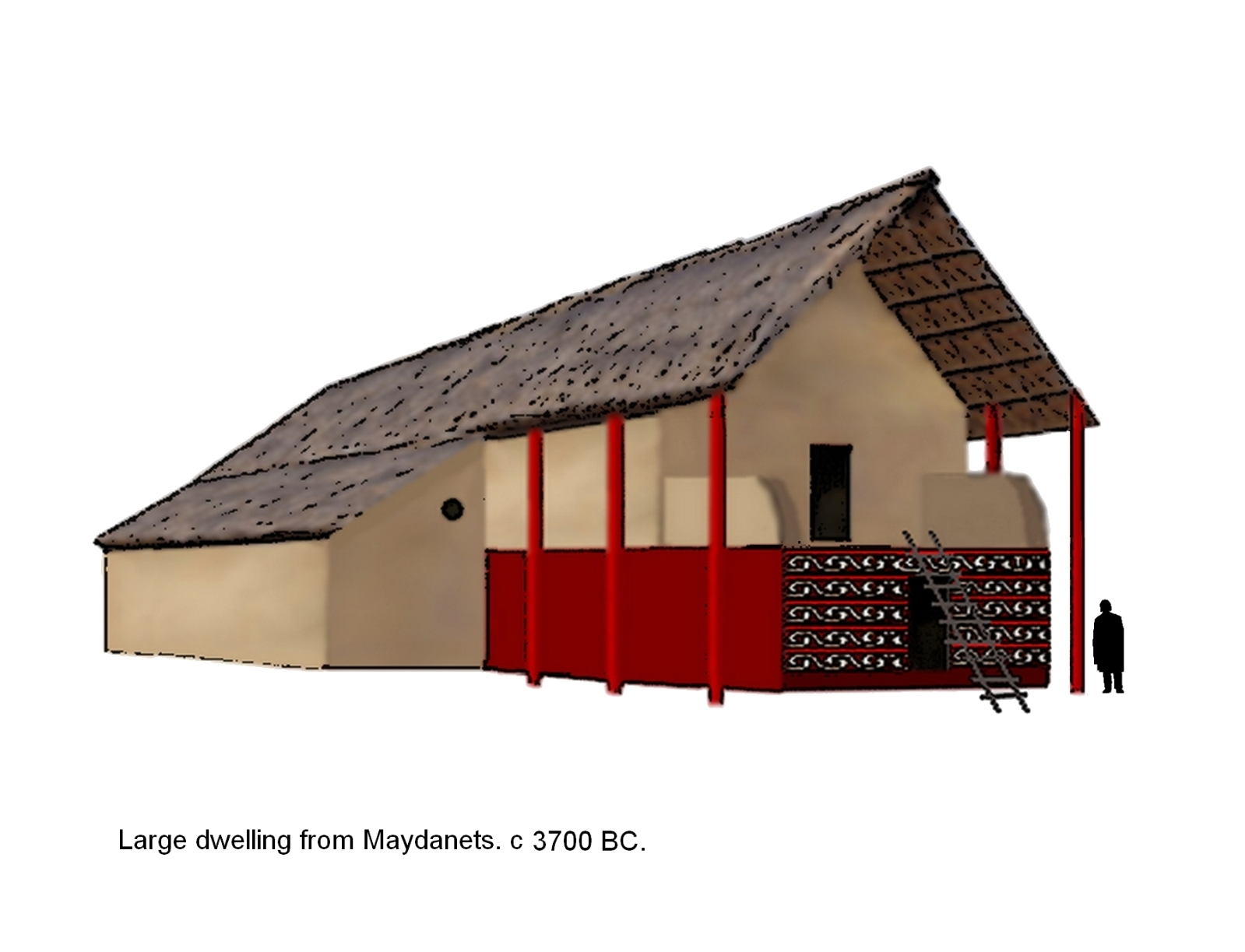 A drawing of a house with a red roof.