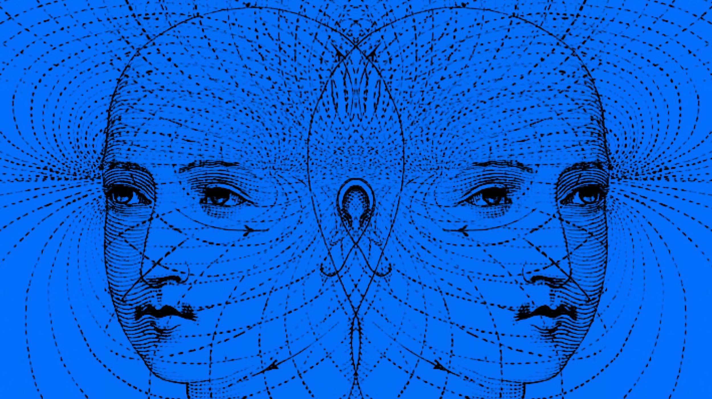 Two mirrored human faces with dotted lines and patterns radiating outward, set against a solid blue background, suggesting connectivity or symmetry.