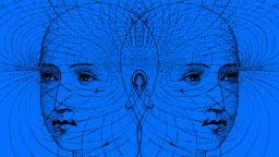 Two mirrored human faces with dotted lines and patterns radiating outward, set against a solid blue background, suggesting connectivity or symmetry.