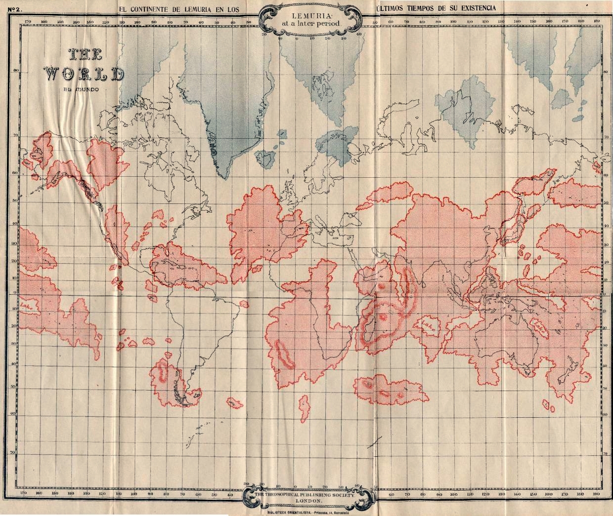 An old map of the world with red lines.