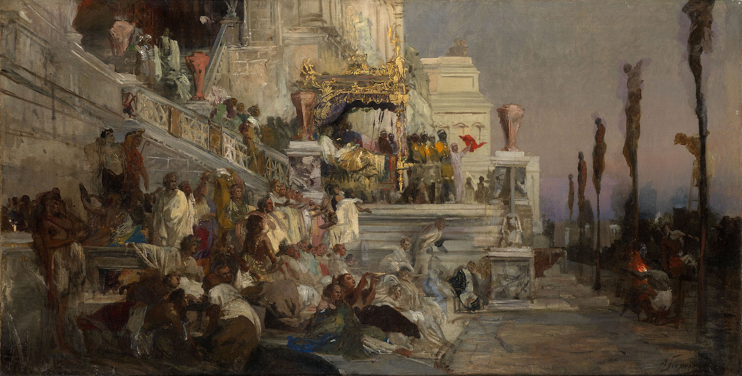 A painting of people gathered in front of a temple during Nero's reign.