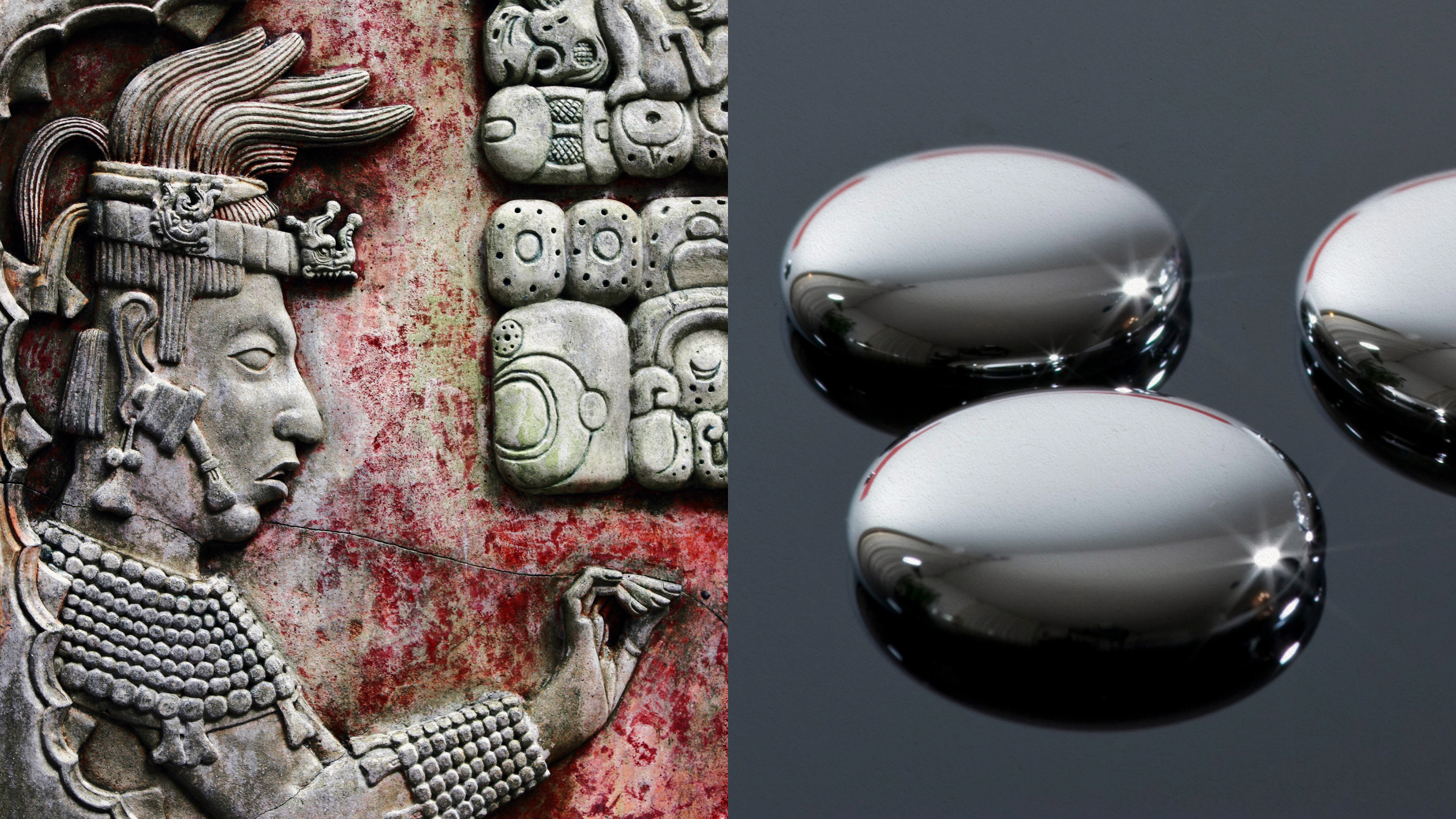 A group of silver balls resembling mercury surrounding a statue of a man influenced by Maya culture.