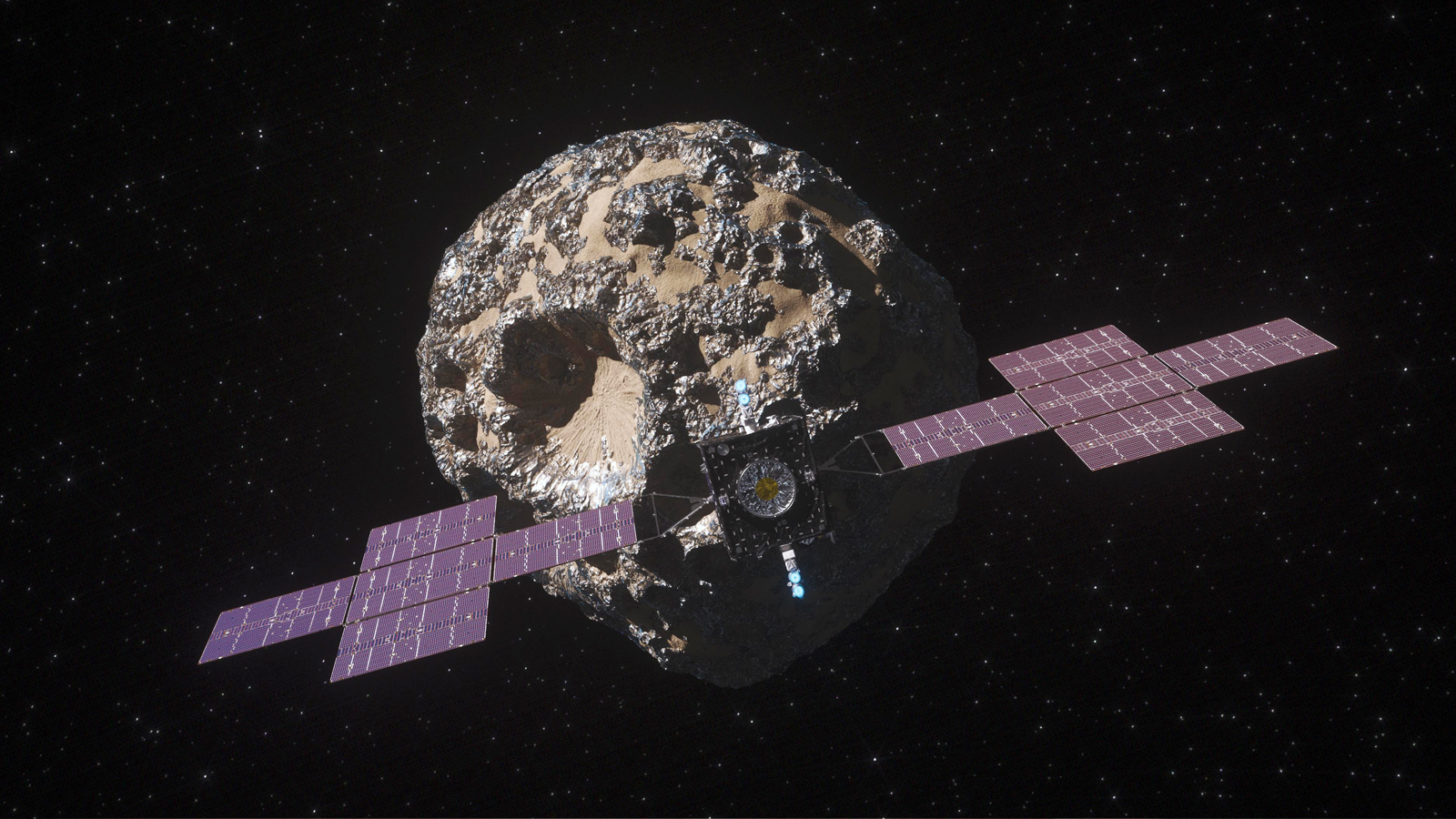 An artist's rendering of a spacecraft near an asteroid.