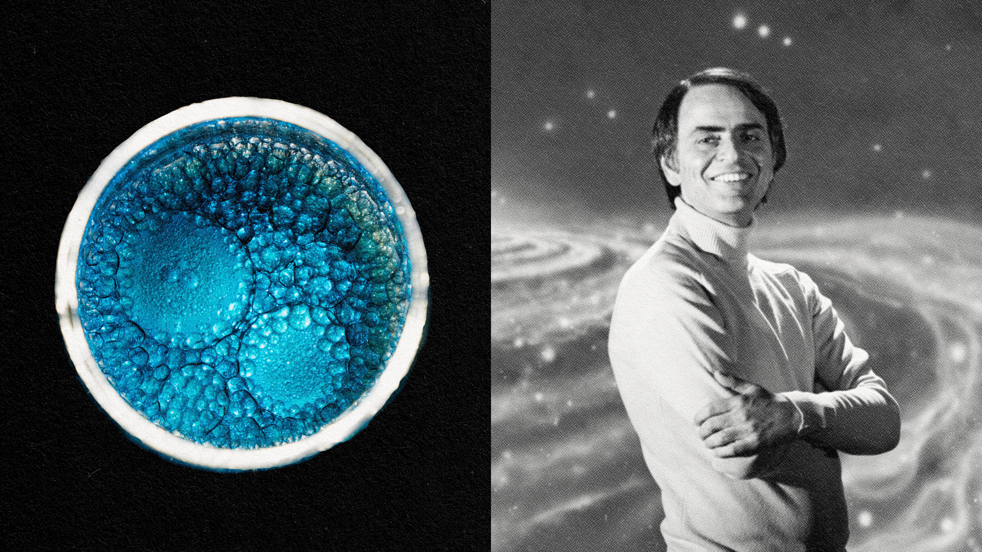 An image of a spiritually enlightened man posing with a celestial blue ball in tribute to Carl Sagan.
