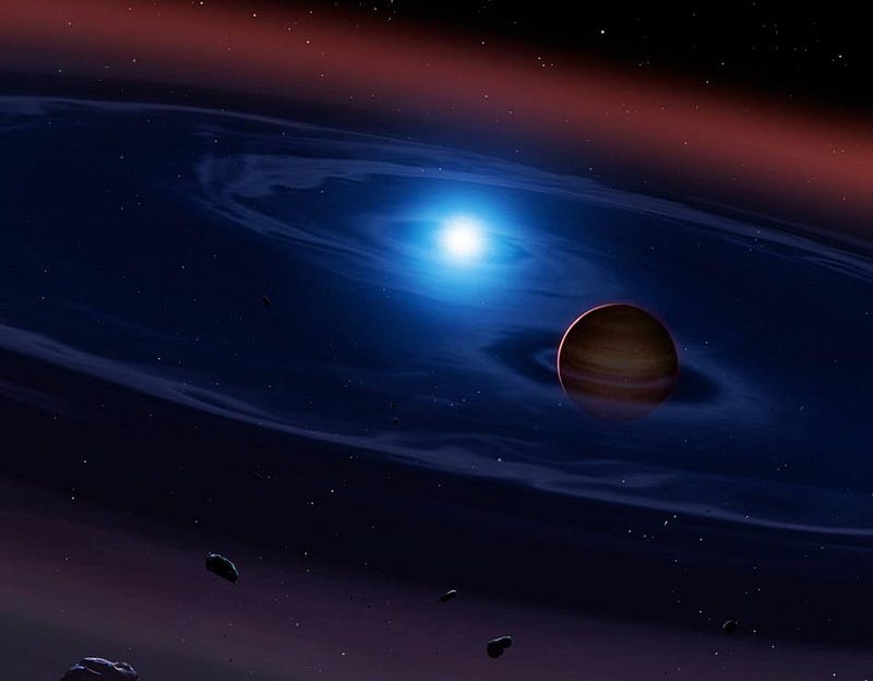 An artist's impression of a planetary system with a blue star in the middle.