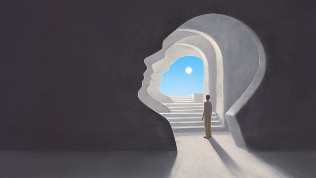 An illustration of a man mindfully observing the sky through a hole.