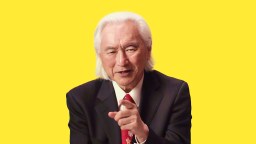 A man in a suit is pointing his finger at a yellow background, referencing string theory.