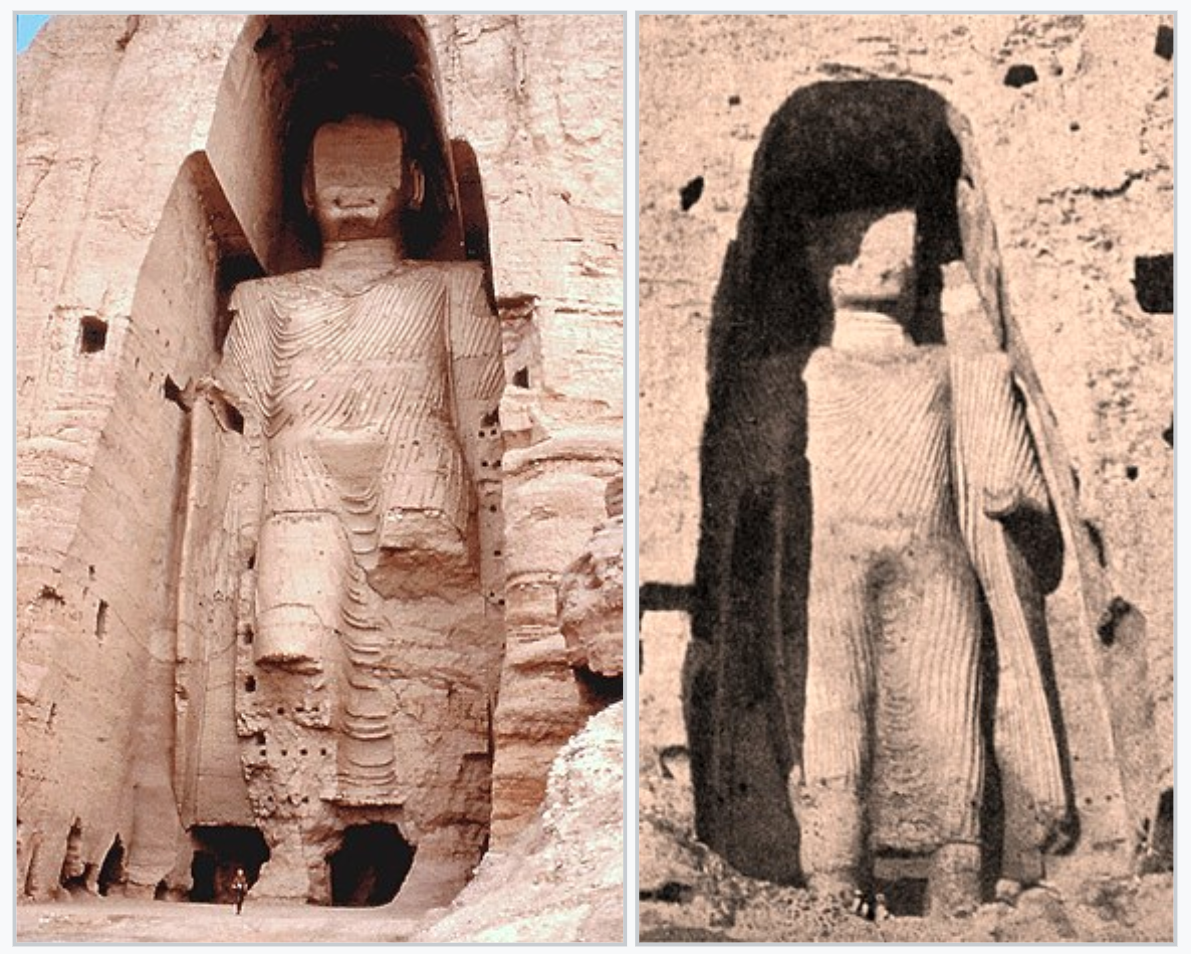 Two photos of statues in a cave.
