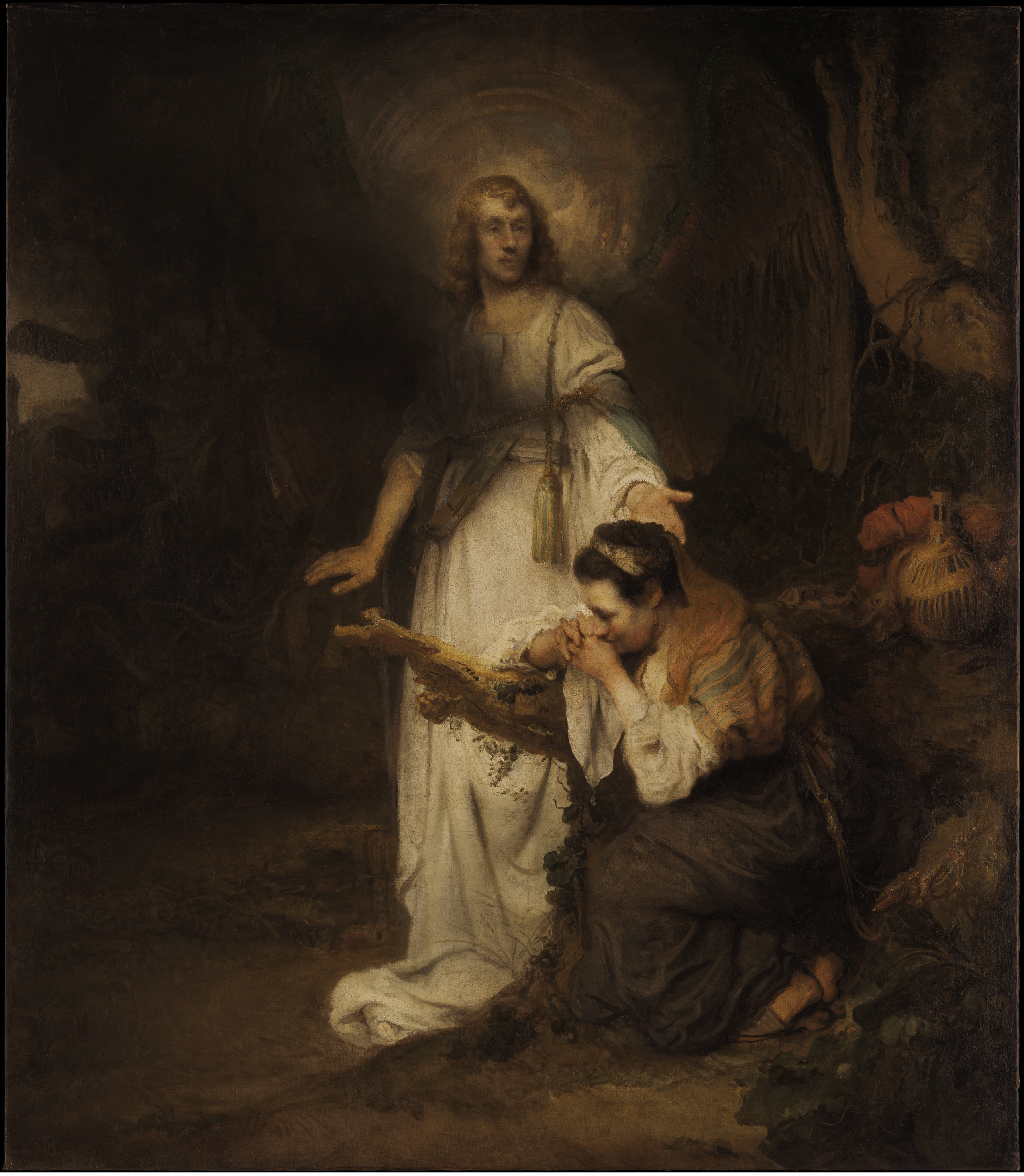 A Rembrandt painting featuring an angel and a woman in a forest.