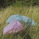 A recyclable plastic bag left in a grassy field.